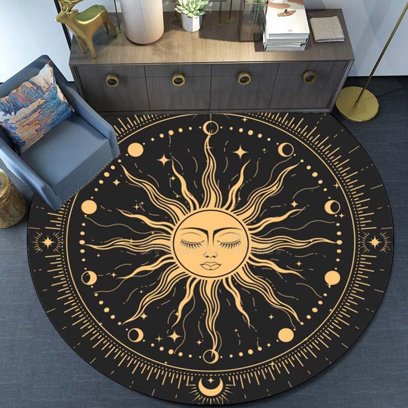 1pc Vintage 3D Sun Ball Print Outdoor Round Rug - Non-slip Floor Mat, Crystal Velvet for Patio, Garden, Bedroom, Living Room