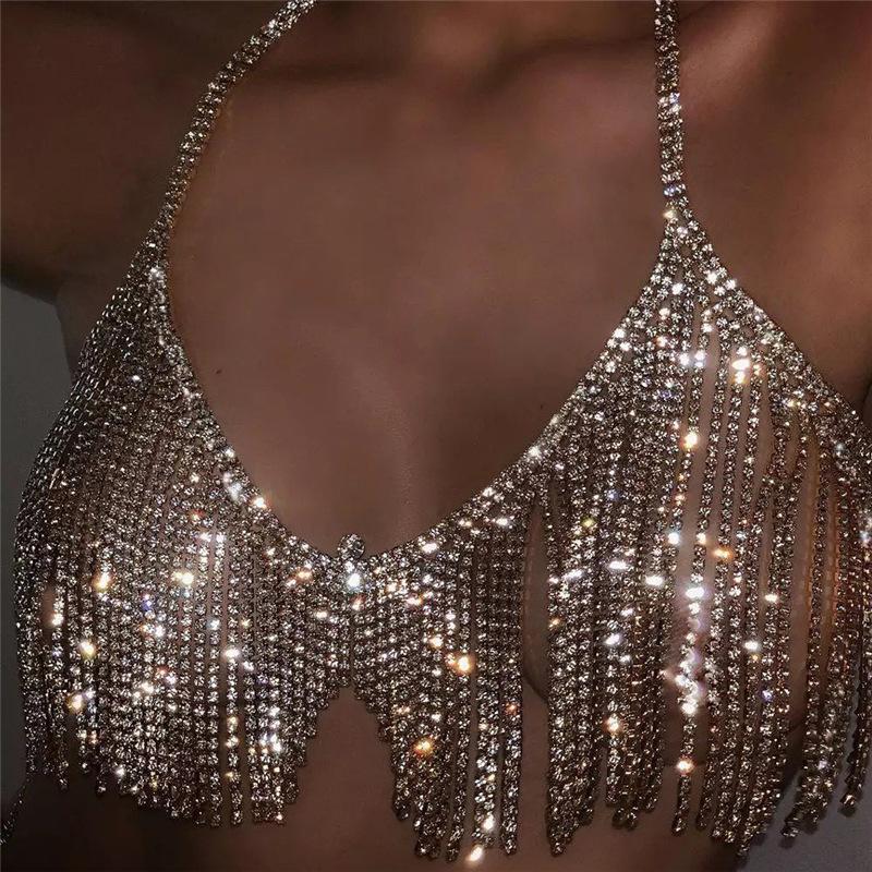 Xqwewanticedd Women's Gold/Silver/White European And American New Products Sexy Fringed Rhinestone Bra Body Chain Jewelry Accessories Body Chain