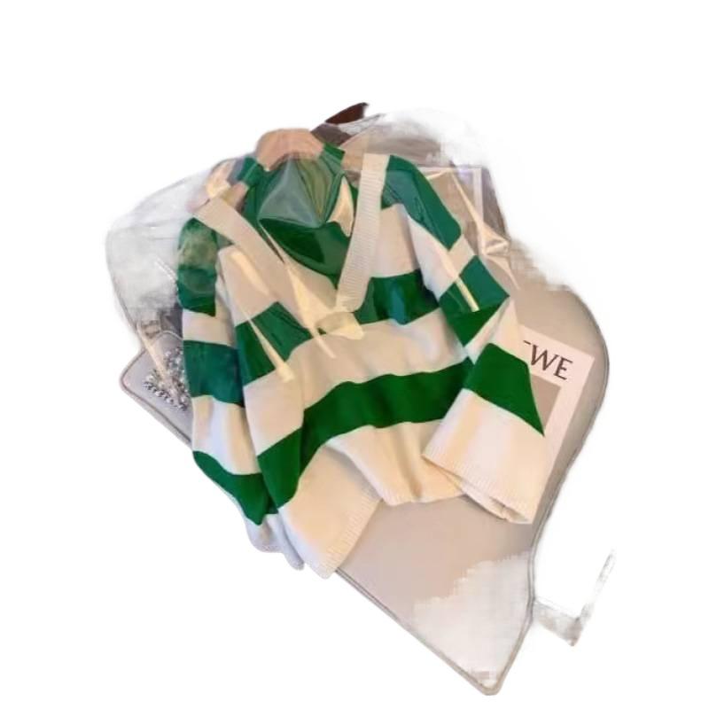 Spring Autumn Loose Stripe Sweater Women Off Shoulder Design Fake Two Piece Pullover Knit Base Layer