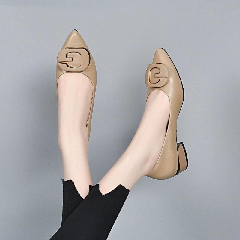 Fashion Women's Fashion Thin Heel Shoes Autumn New Shallow Mouth Pointed Head Metal Buckle Slip-on Wear-resistant High Heels