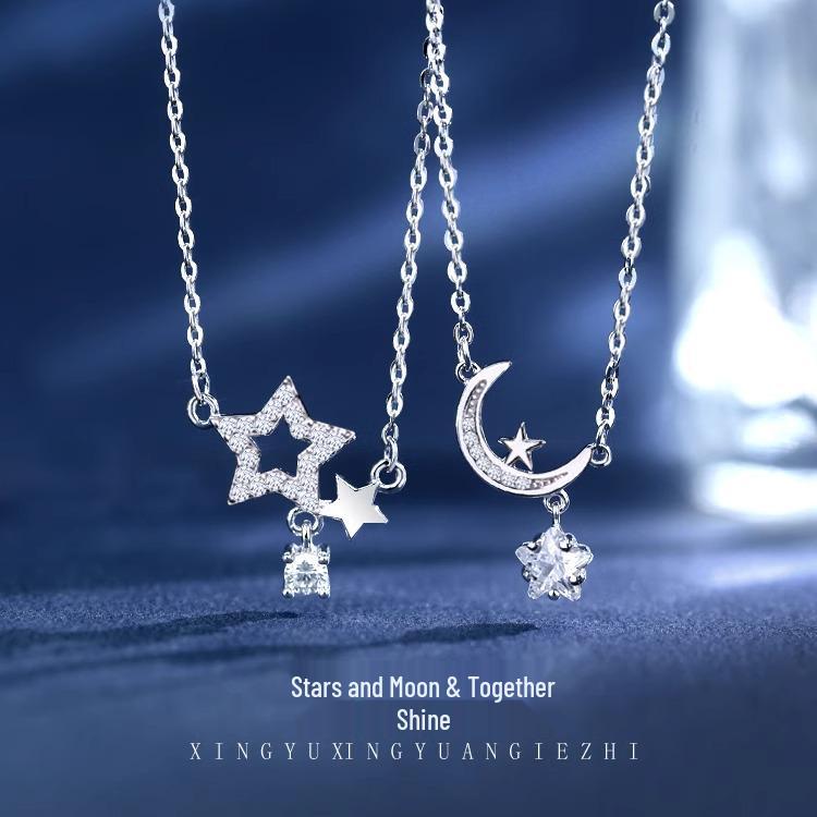 

2025 Новый стиль Ожерелье из стерлингового серебра 925 пробы Звезда и Луна для женщин - Популярный модный аксессуар для лучших подруг и сестер