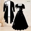 Women Plus Size Red Black Printed Two Piece Set Square Neck Tie Waist Flared Dress And 3 4 Sleeve Cardigan