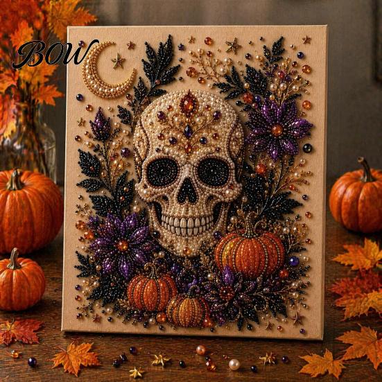 Autumn Atmosphere Wall Decor Halloween Faux Pearl Art DIY Kit, Spooky Cute 3D Beads Painting Crafts, Resin Bead Mosaic Gothic Ghost Pumpkin