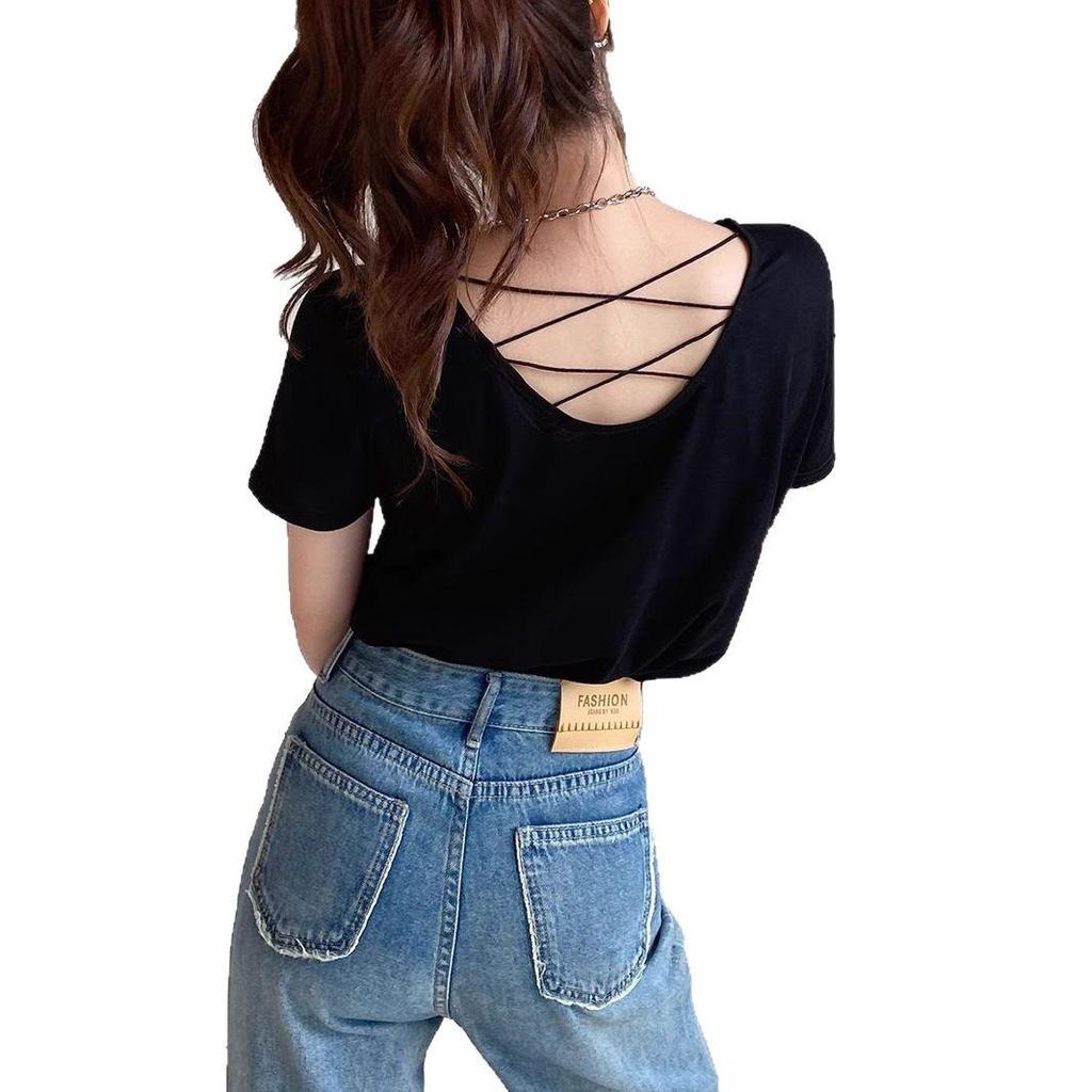 Summer 2025 Women's Backless T-Shirt: Hot, Sexy, and Stylish Straight Shoulder Design