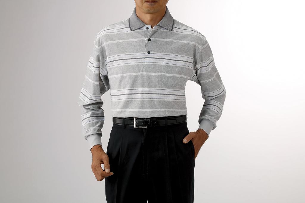 Polo Long Cotton Made in Blue [Little Island] Men's Shirt, L, Sleeve, Jacquard, Blend, Japan, Large, Stretch, Border, Cool, Father's Top, Knit, MEN,