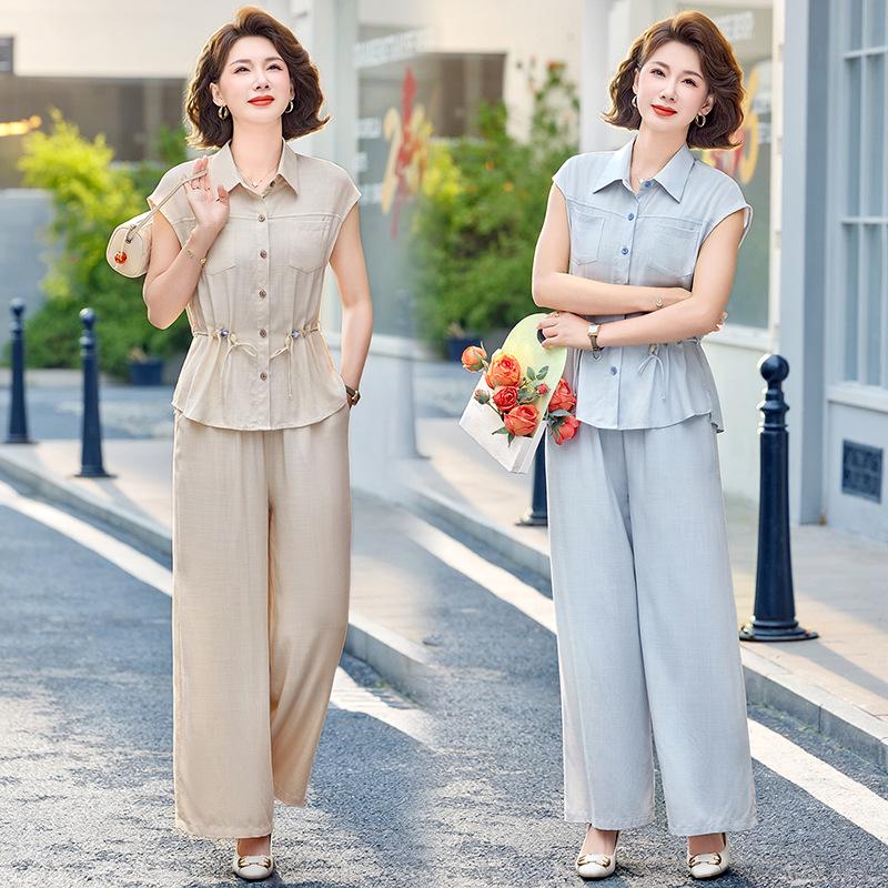 Elegant Summer 2026 Two-Piece Set: Short Sleeve Loose Top & Wide Leg Pants for Women - Chic & Dignified Style for Middle-Aged and Elderly