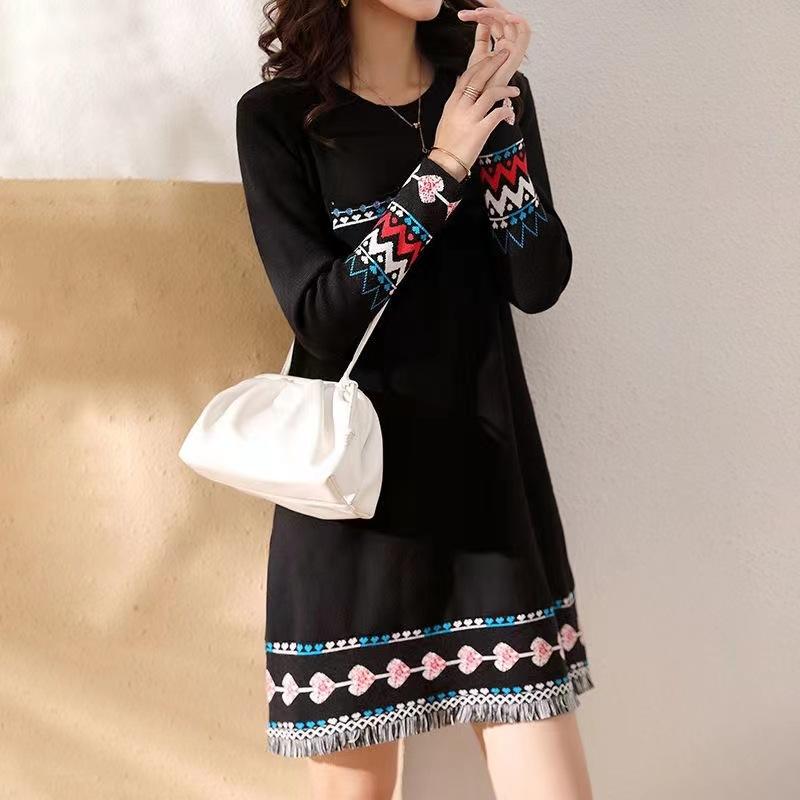 

Верхняя одежда для женщин на весну и осень, вязаный свитер, платье-свитер Skinny Temperament, юбка средней длины с внутренней окантовкой XL чёрный