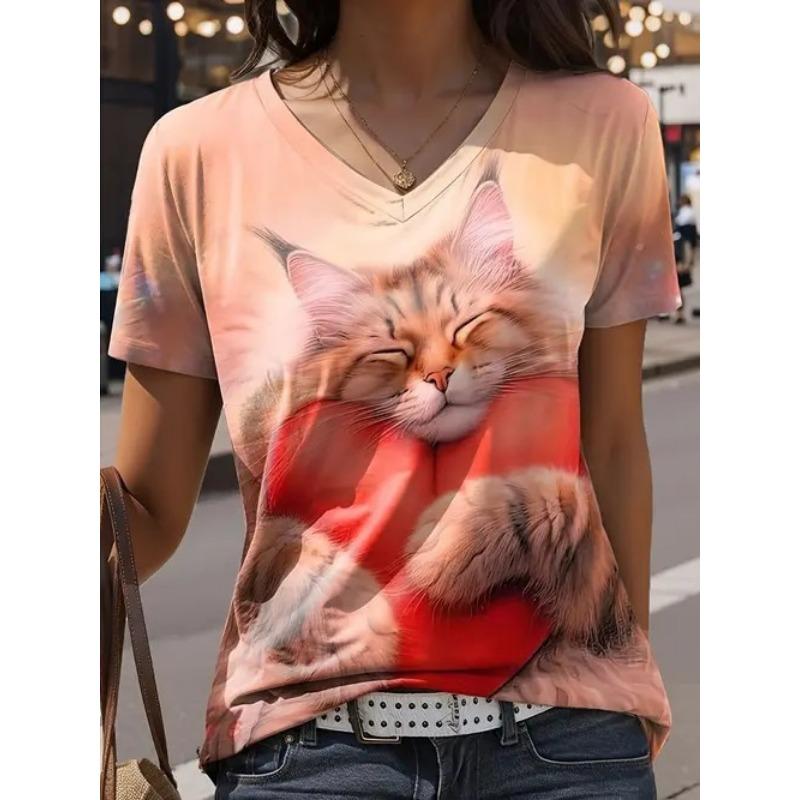 Summer Fashion Trend Casual Animal Cat Pattern Printed Short Sleeved V-neck Women's T-shirts