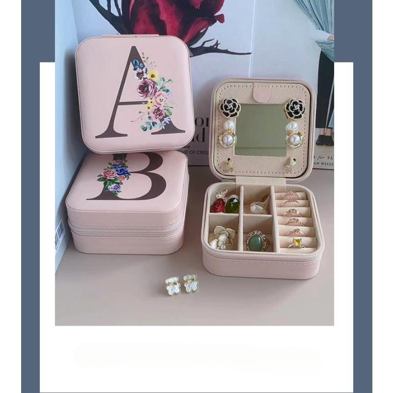 PU Leather Jewelry Box Mirror Storage Box 26 Letter Printed Portable Jewelry Organizer Earring Ring Necklace Case