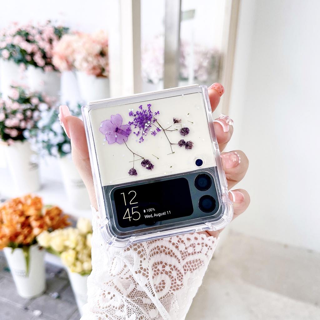For Samsung Galaxy Z Flip 4 3 Flip4 Case Transparent Glitter Real Flower Clear Shockproof Protective Hard Back Cover Accessories