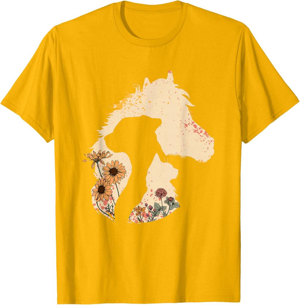 Pferd Hund Katze Silhouette Floral Boho Vintage Grafik T-Shirt Weiches Lässiges Baumwoll-T-Shirt Damen