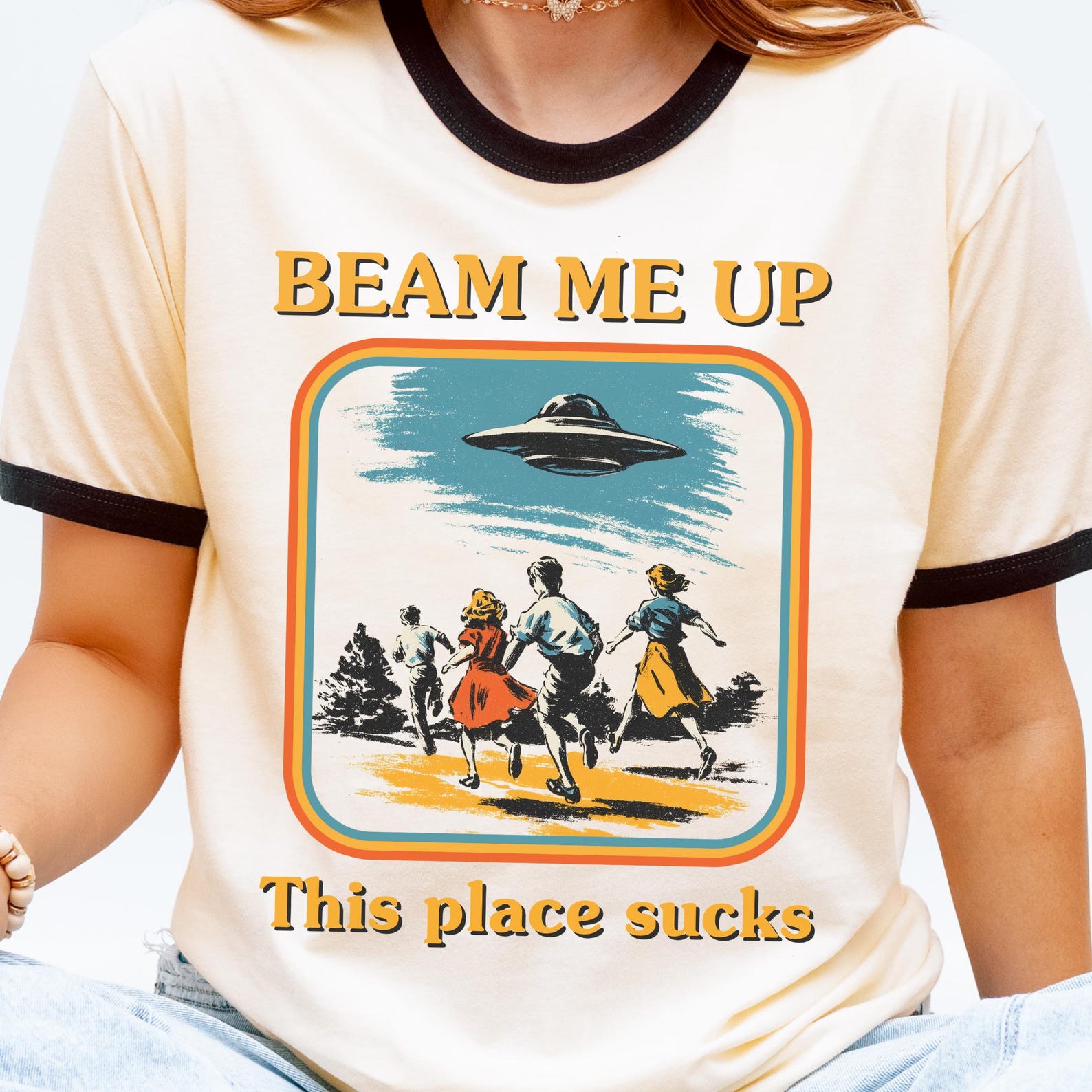 Beam Me Up This Place Sucks Shirt | Retro UFO Ringer Tee, Vintage Sci Fi Graphic Shirt, Sarcastic Alien Shirt 3XL