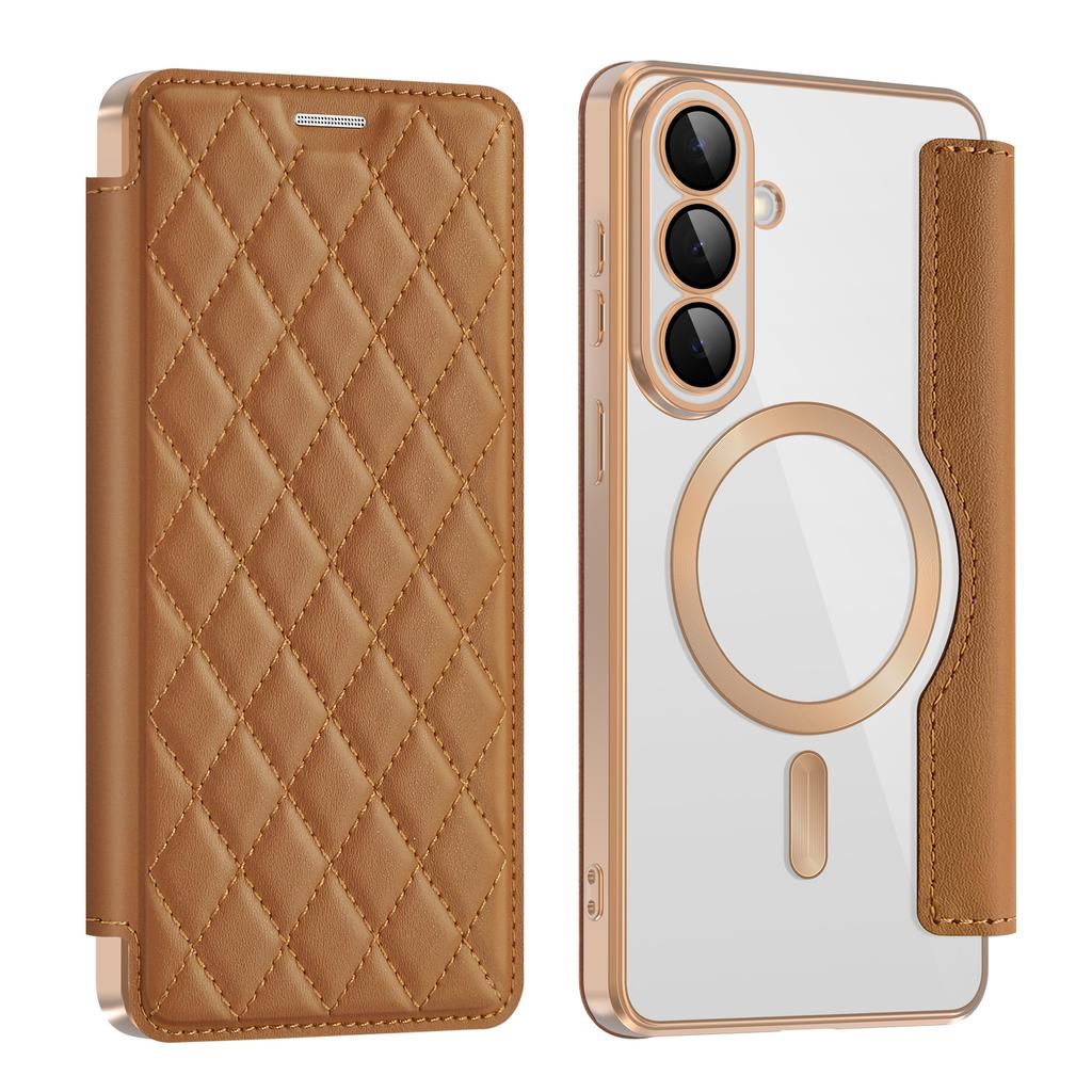 For Samsung Galaxy S26+ Magnetic Case RFID Blocking Card Holder Rhombus PU Leather Phone Cover with Lens Film