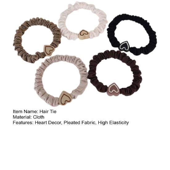 5Pcs Hair Ties Heart Decor Pleated Fabric High Elasticity Hair Ropes Lightweight Ponytail Holder Hair