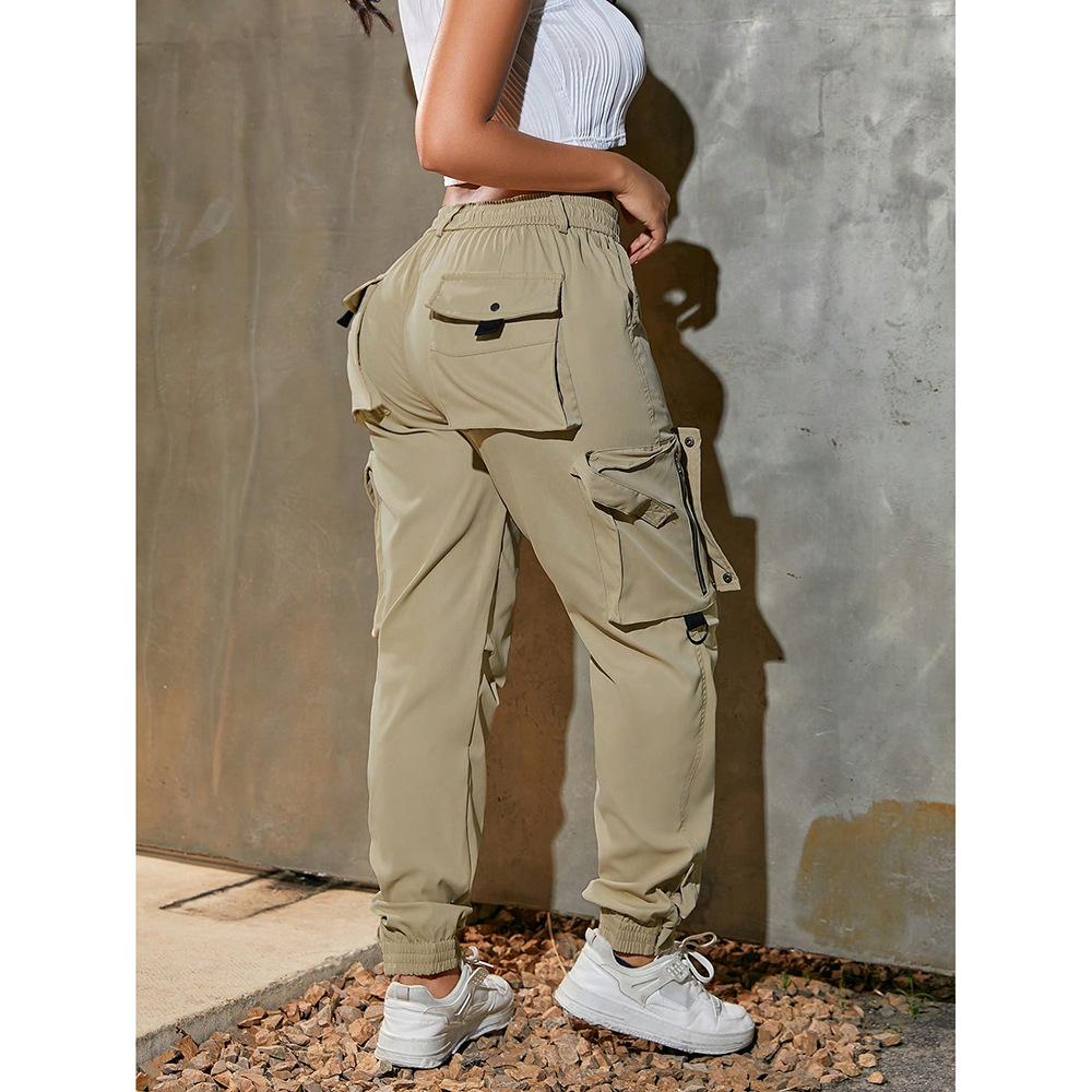 Pantalon Cargo Kaki Taille Haute pour Femme avec Cordon de Serrage et Multiples Poches