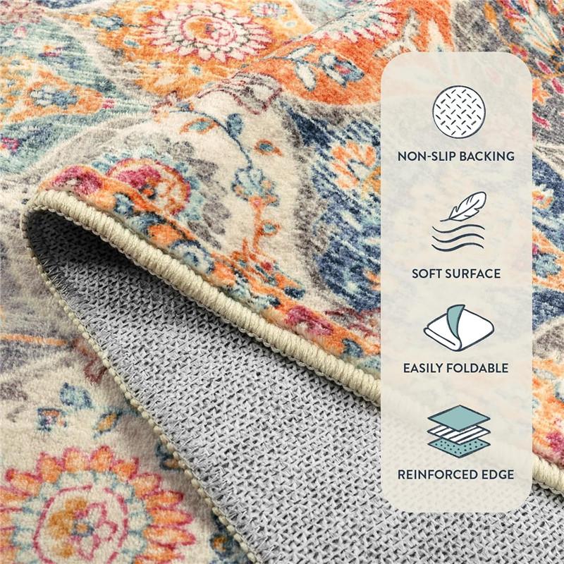 Covor Lavabil Moroccan Trellis 2x1.4m Covoare de Baie Antiderapante Covoraș de Interior pentru Ușă Covor Oriental Mare pentru Dormitor Intrare Covoraș de Rugăciune Crem/Multi