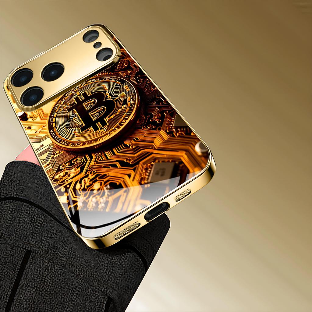 Premium Gold Bitcoin Tech Pattern For Iphone 17 Case Fashion Phone Cases Glass Phone Case for iPhone 17 16 15 14 13 Pm Pro Plus
