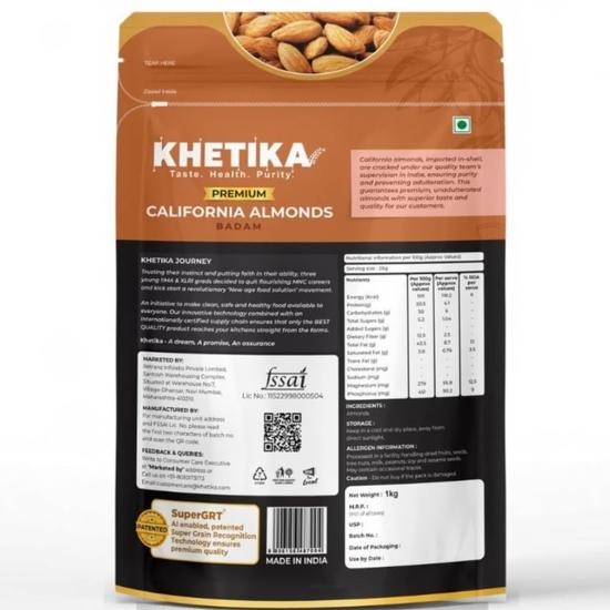 Khetika Premium Migdały Kalifornijskie 1kg | Suszone Owoce, Migdały, Badam, Badam Giri, Bogate w Błonnik, Wzmacniają Odporność, Zdrowe Pożywne Przekąski