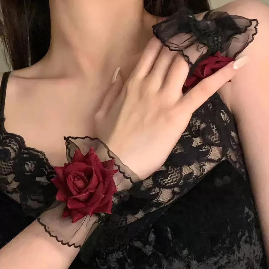 Dark Lolita Lolita Lace Wrist Sleeves Women'S Burgundy Rose Dress Sleeves Premium