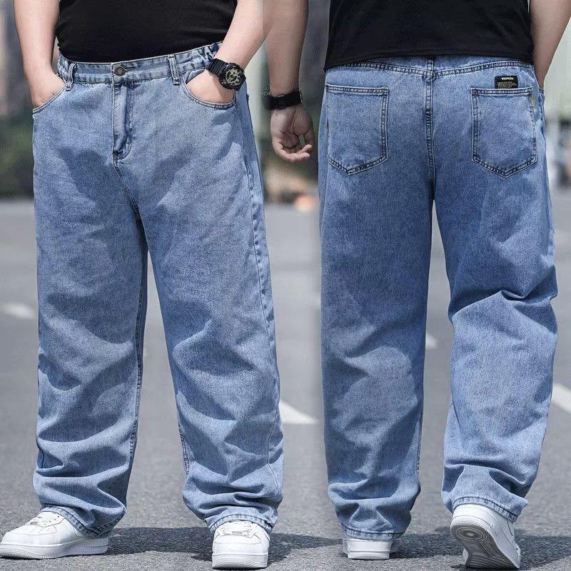 Plus Size Men's Loose Straight Casual Jeans - Deep Crotch, Wear-Resistant, Black Cotton