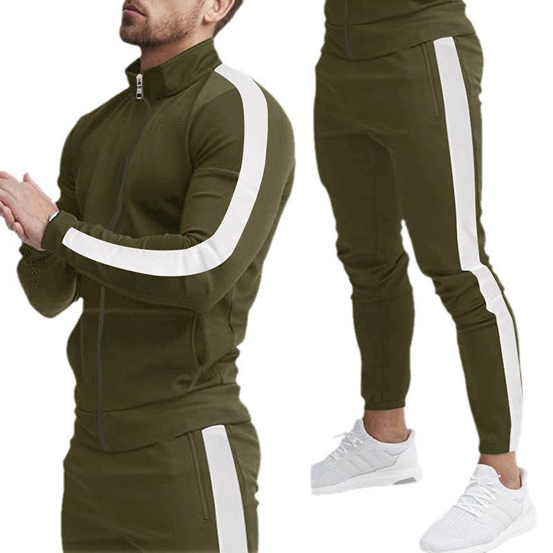 2024 Men's Patchwork Stand Collar Slim Fit Sports Suit - Long Sleeve & Pants, European/American Style for Spring & Autumn