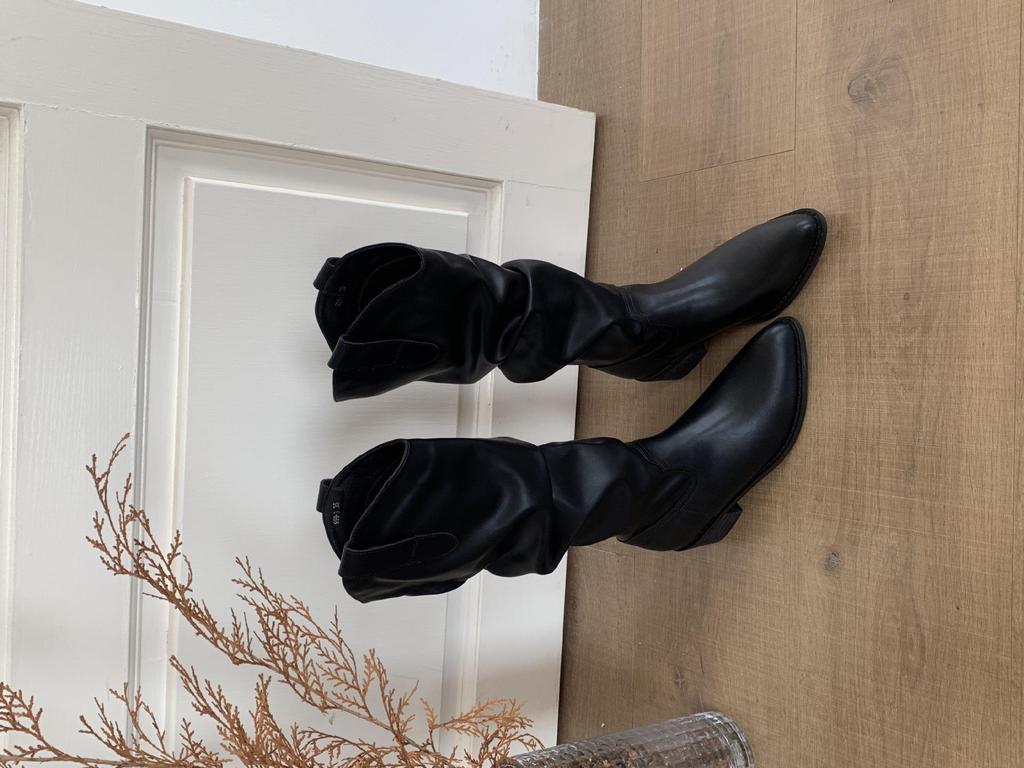 2025 Autumn/Winter V-Mouth Chunky Heel Ruched Knee-High Western Cowboy Boots