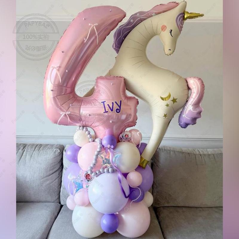 39pcs Cartoon Unicorn Balloon Pink Numbers 1-9 Birthday Balloon Set Cartoon Animal Theme Party Decoration Photo Background