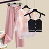 Knitted Suspender Vest Plaid Panel Sunscreen Chiffon Shirt Wide Leg Pants Three-piece Elegant Women Pants Set Summer Outfits