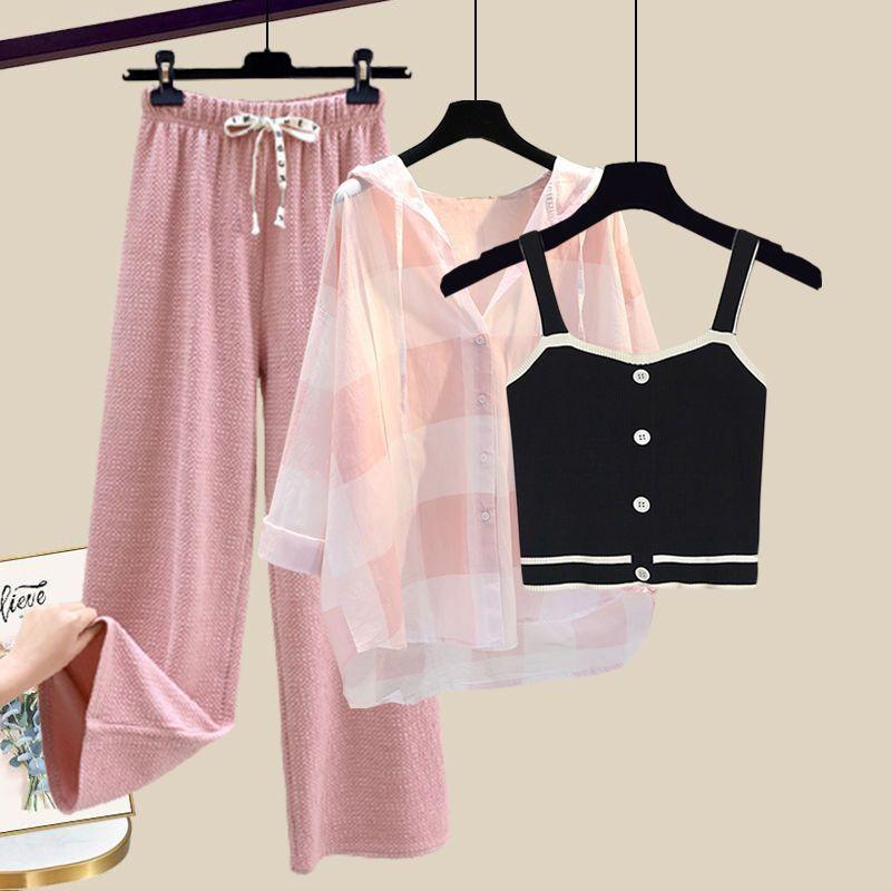 Knitted Suspender Vest Plaid Panel Sunscreen Chiffon Shirt Wide Leg Pants Three-piece Elegant Women Pants Set Summer Outfits