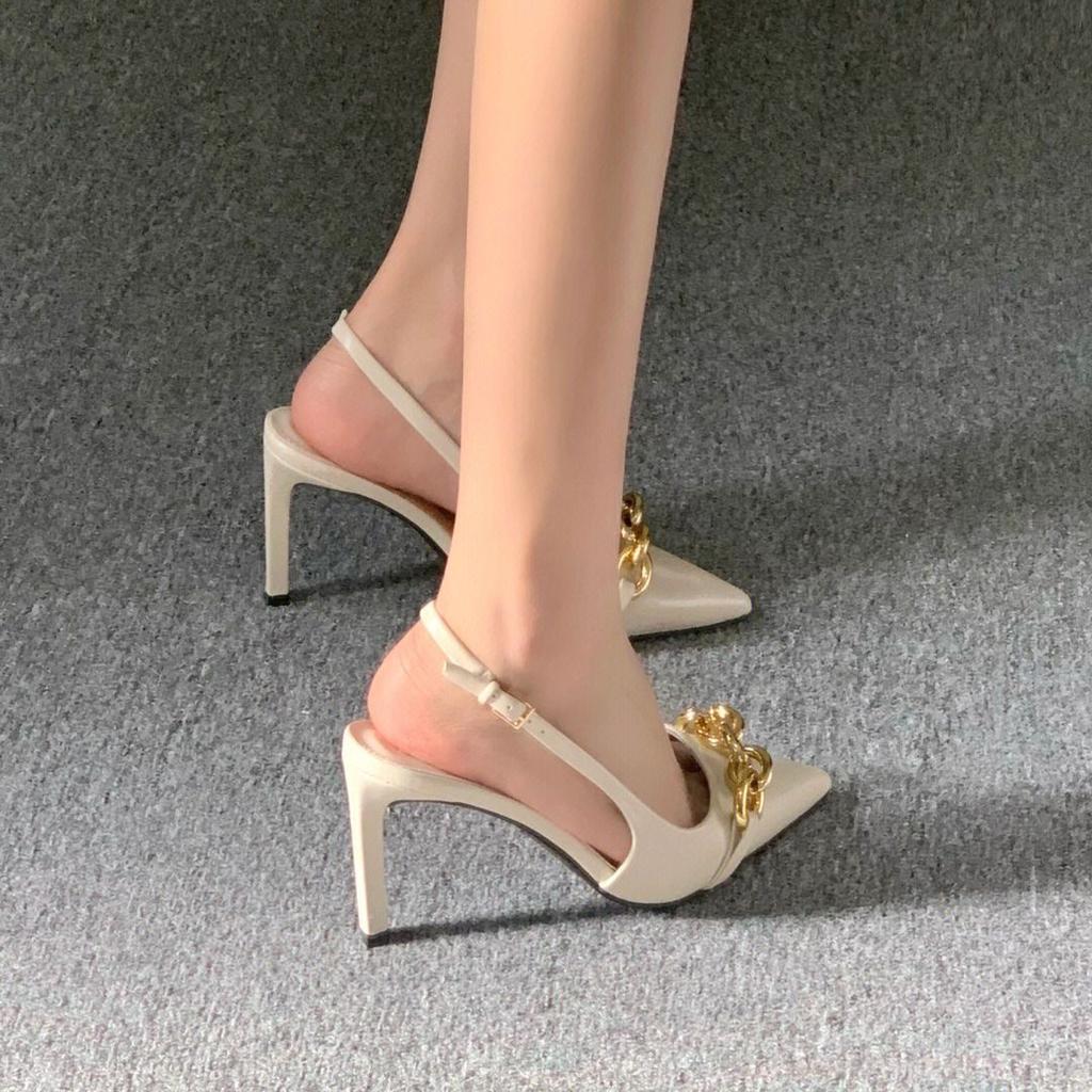 Premium European and American Spice Girls High Heels Women's 2025 New Metal Chain Thin Heel Pointed Niche Single Shoes