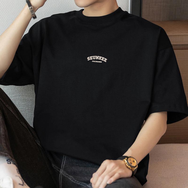 Men's Summer Heavyweight Pure Cotton Crew Neck T-shirt, 260g, Short Sleeve, Loose Fit