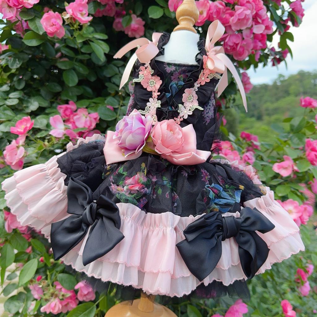 Luxury High-end Black Pink Roseflower Pet Dog Clothes Handmade Long Tail Princess Dress For Small Medium Dog Photography Skirts
