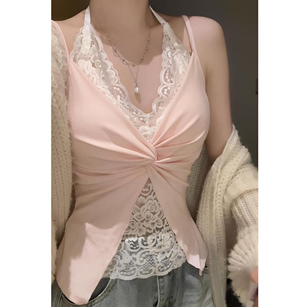 French lace design sense pure desire fake two pieces neck adjustable back v-neck sleeveless suspender women's top