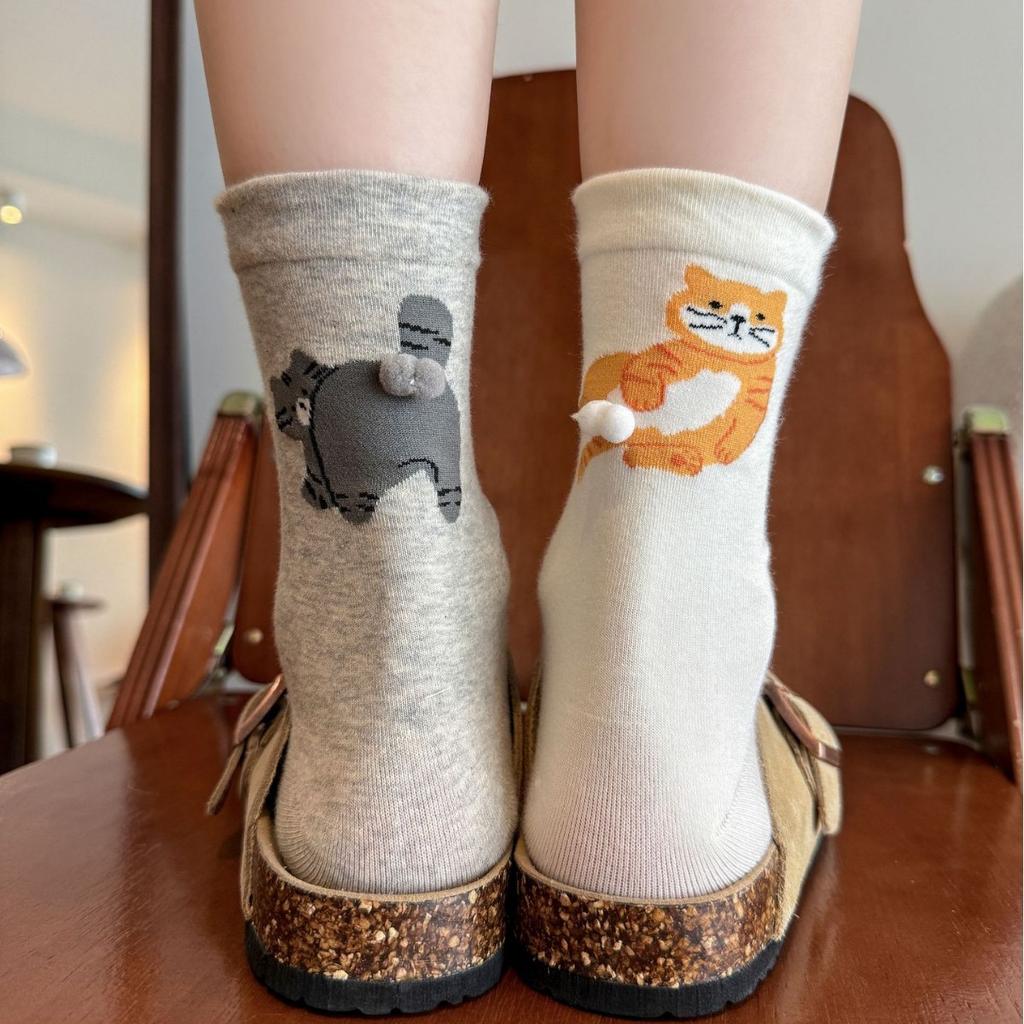 Cartoon Cat Egg Socks Medium Tube Socks Tide Spring And Autumn Cotton Socks Cute Accessories Animal Kitten Stockings