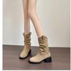 Herbst/Winter 2025 Retro-Stil Mid-Calf Wildleder Geraffte Cowboy-Stiefel