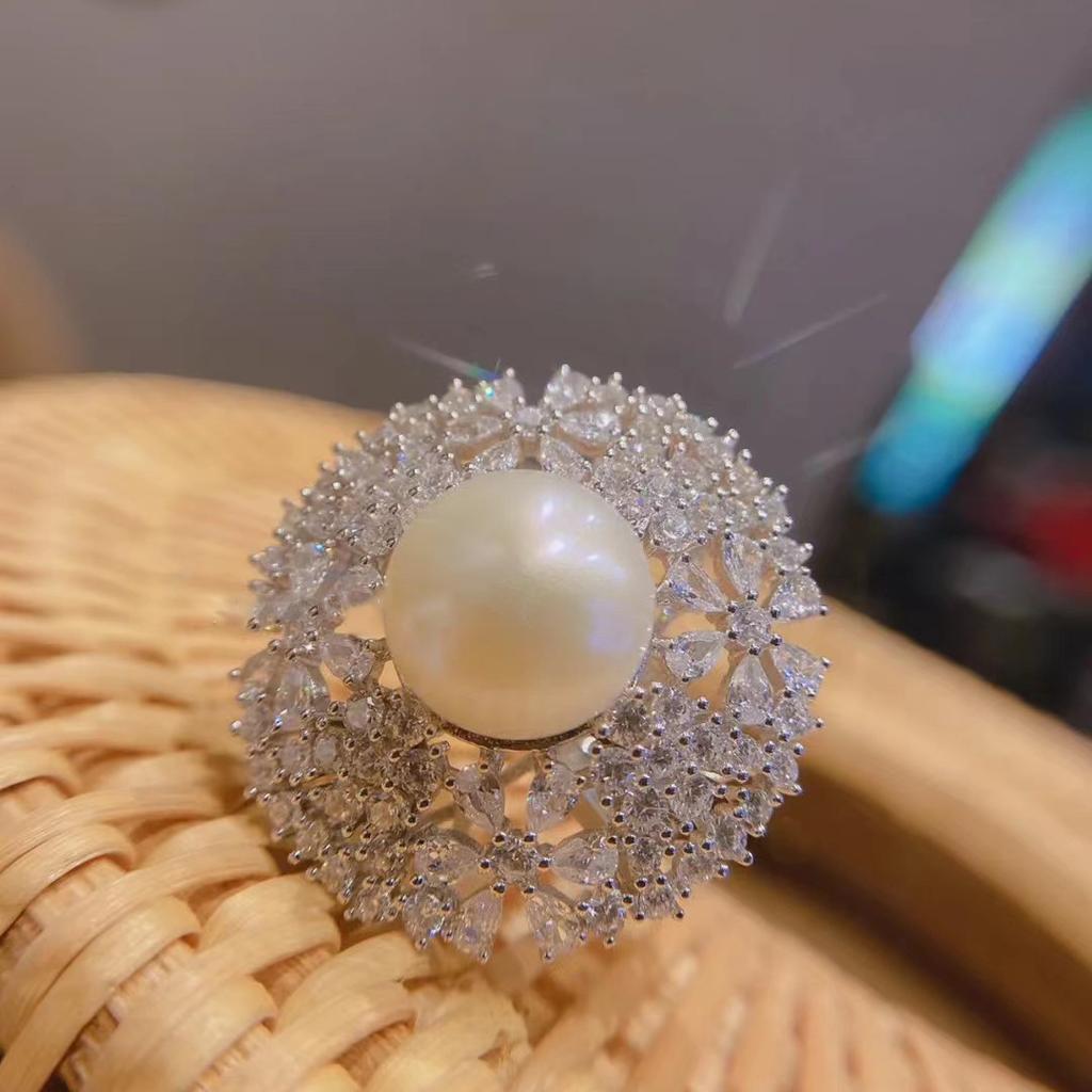 Super Large Pearls Ring Lady  Sterling Silver  Retro Party Open Ring Flower Round AAA Zircon  Gift Wholesale