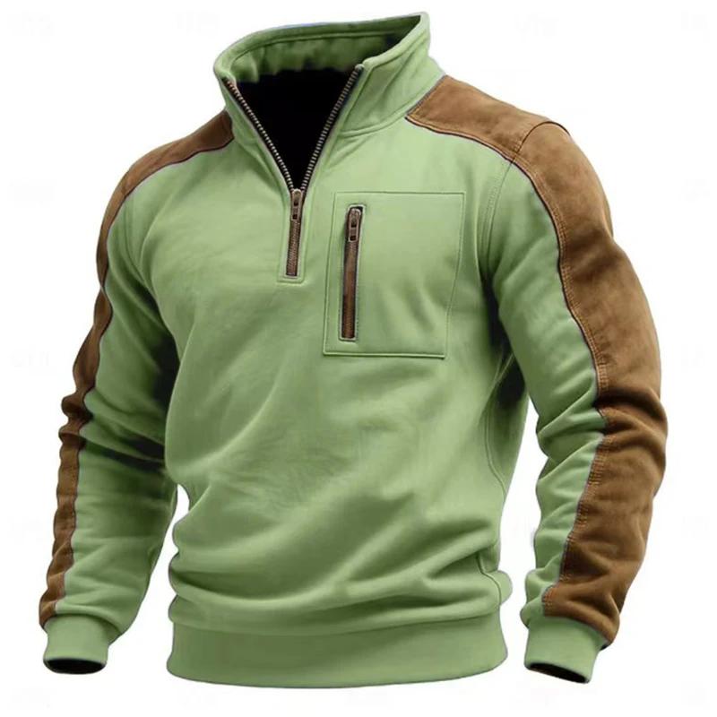 Fall Winter Outdoor Casual Sweatshirt Men Fashion Suede Long Sleeve Patchwork Hoodie Top Mens Vintage Zipper Stand Collar Pullovers