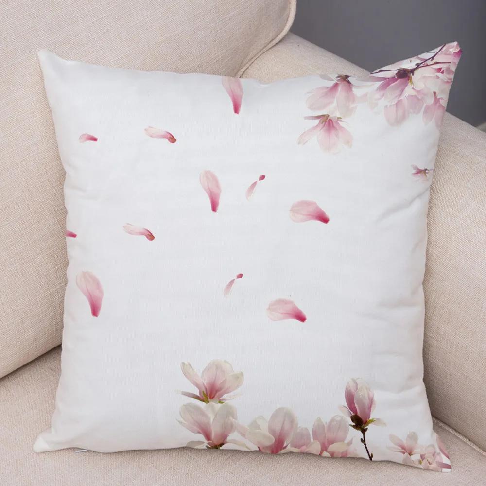 Pink Peach Blossom Cushion Cover Decor Watercolor Cartoon Plant Tree Pillow Case for Sofa Home Car Soft Plush Pillowcase 45x45cm