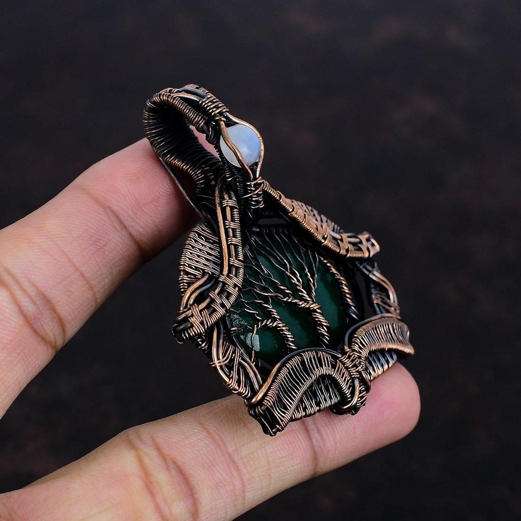 Baum des Lebens Facettierter Sambischer Smaragd Anhänger Kupferdraht Umwickelter Anhänger Mondstein Anhänger Edelsteinanhänger Zum Geschenk Handgefertigter Kupferschmuck