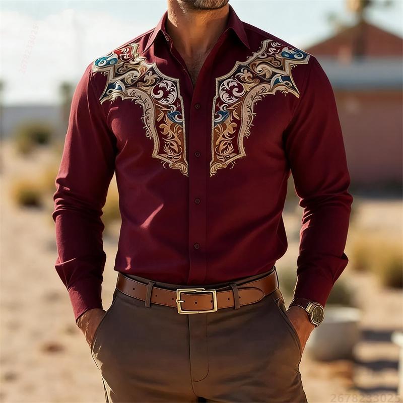 Men's Retro Fashion Printed Long-Sleeve Shirt, Western Cowboy Style, Slim Fit Casual Shirt, Comfortable Fabric, Sizes XS-6XL