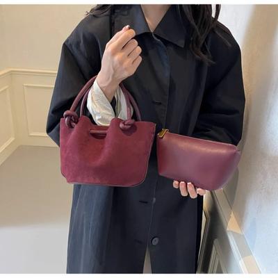 Premium Suede Hand Vegetable Basket Bucket Bag New Niche Child and Mother Bag Foreign Style Shoulder Crossbody Pleated Bag