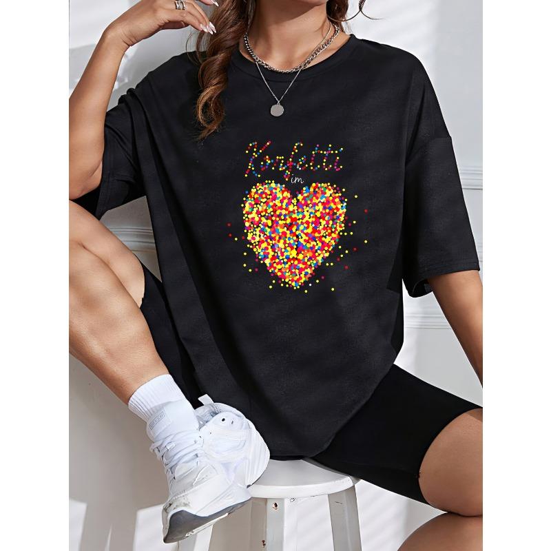 White T-Shirt With Confetti Heart Print And Text For Casual Wear