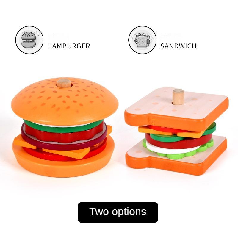 Simulated Play House for Children Sandwich and Burger Set Wooden Shape Matching Building Blocks Food Cognition Toys