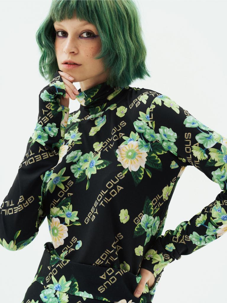 GREEDILOUS Floral Turtleneck Finger Hole Long Sleeve Top