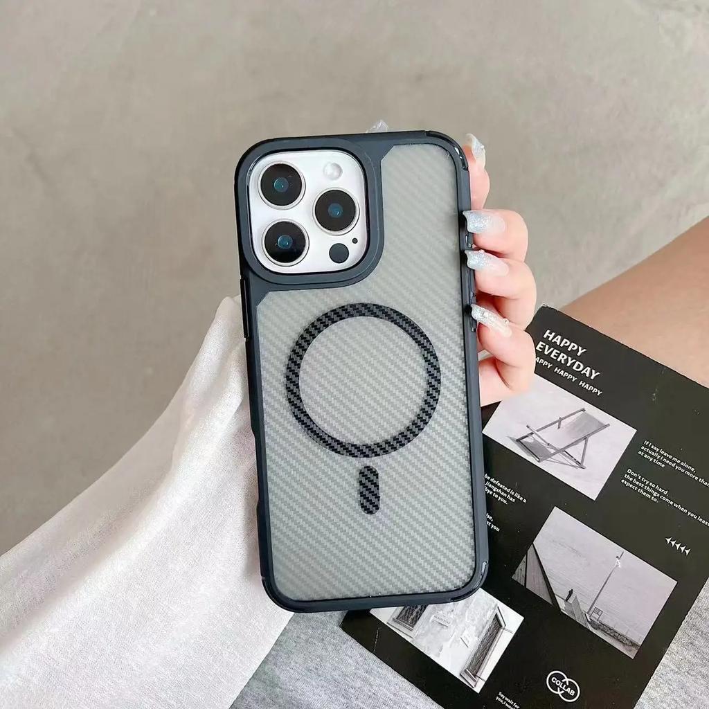 Luxury Carbon Fibre Magnetic Wireless Charging Phone Case for iPhone Samsung Translucent Bumper Cover