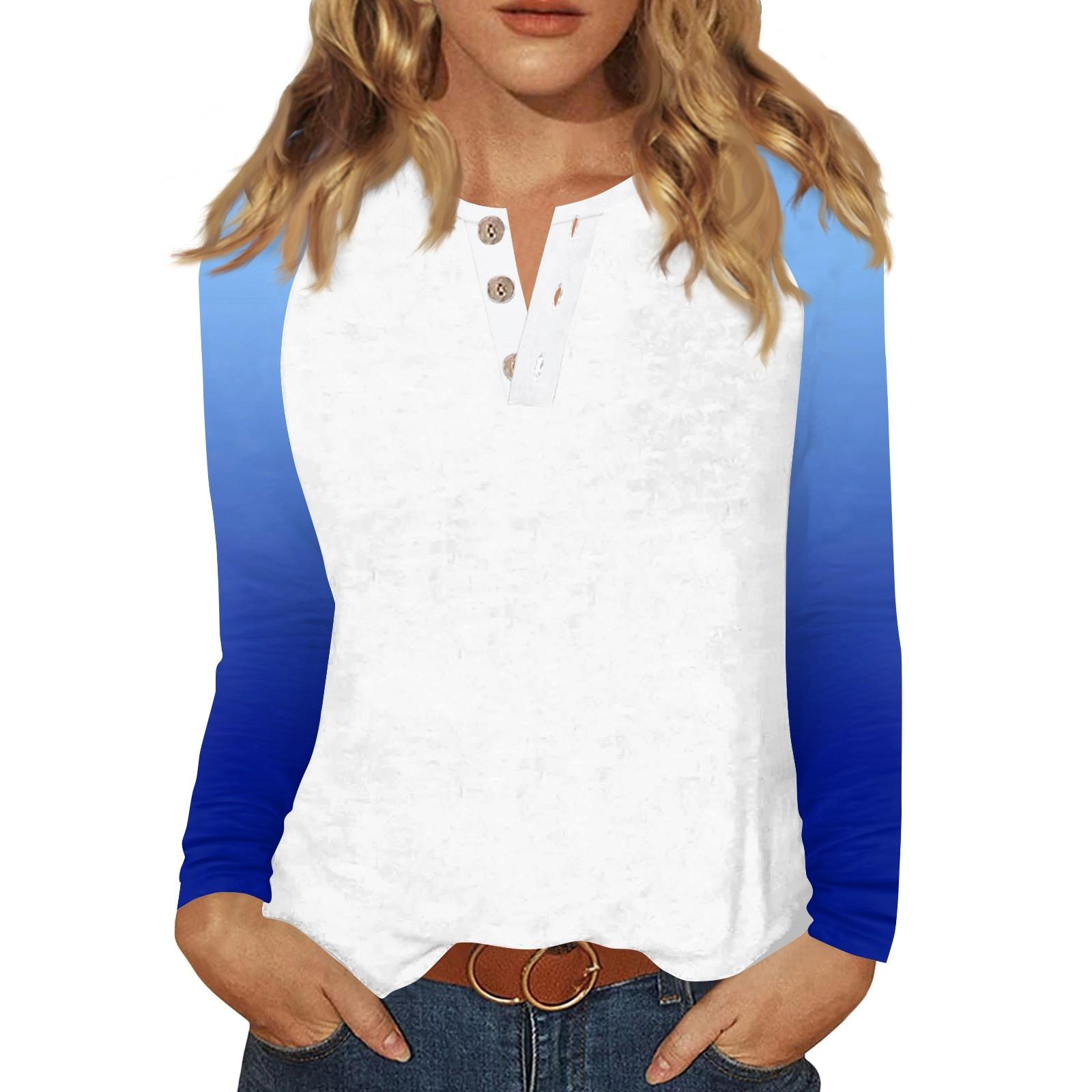 

Женская футболка с принтом, на пуговицах, с длинным рукавом, повседневная, для выходных, модная, базовая, с V-образным вырезом, обычный топ M синий