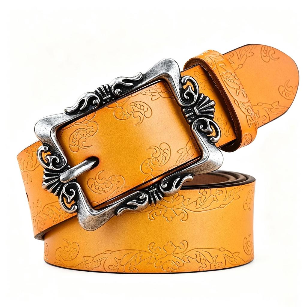 Luxury Retro Palace Style Women's Leather Belt with Butterfly Embossed Carved Buckle