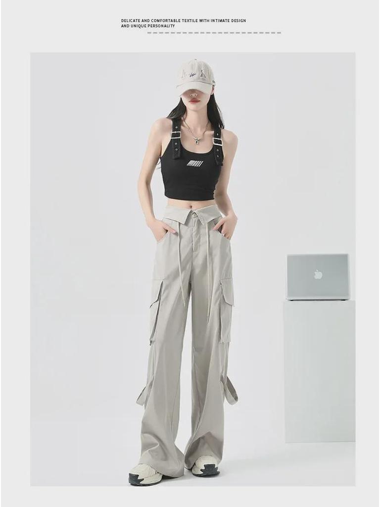 Women's 2025 Military Green Straight-Leg High Waist Cuffed Casual Pants