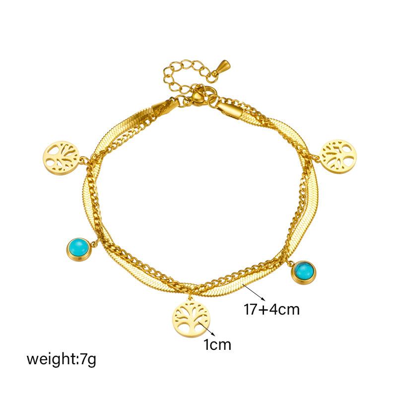 Fashionable Niche Retro High-end Light Luxury Turquoise Tree of Life Round Pendant Double-layer Titanium Steel Bracelet