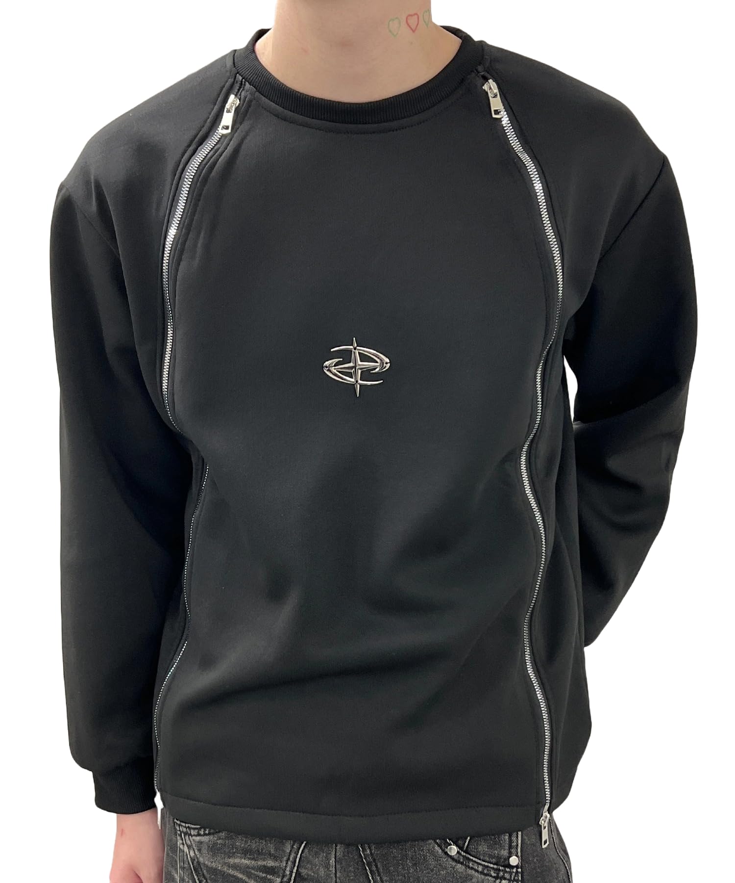 

WEGO Figments Metal Badge Zip Pullover Korean Size Black Sweatshirt, Unisex, Spring/Autumn/Winter, Streetwear, Style, Gift, Women s, F,